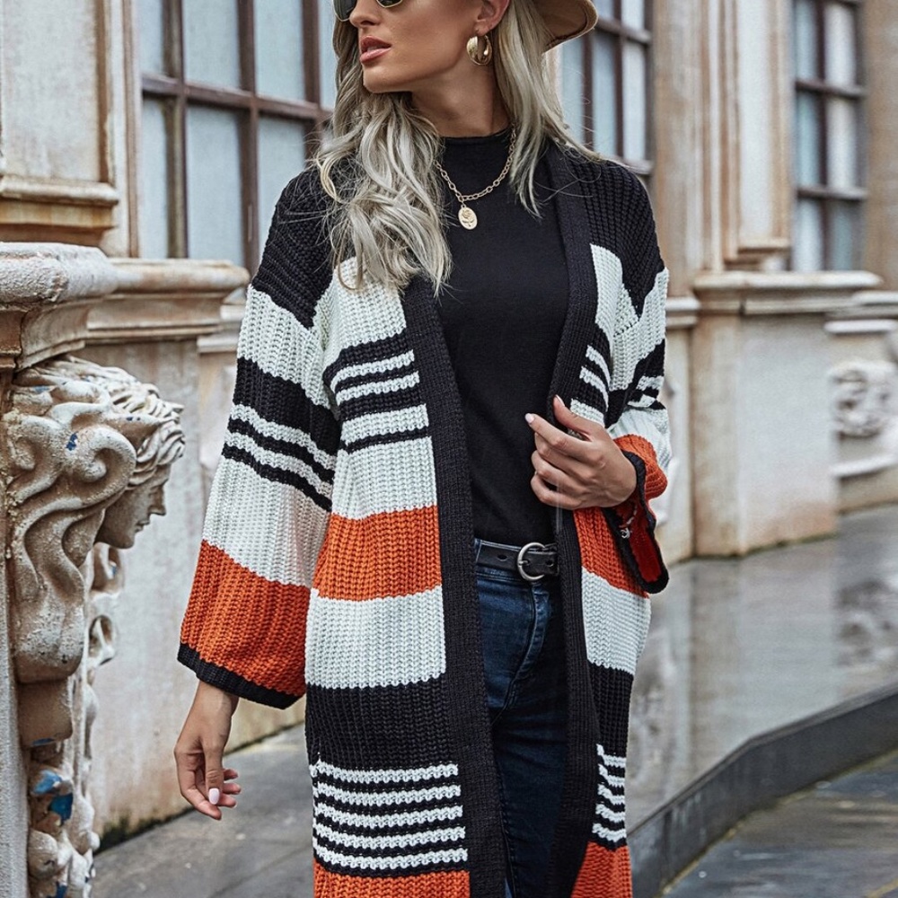 color block stripes open front long knit cardigan - Picture 6 of 6